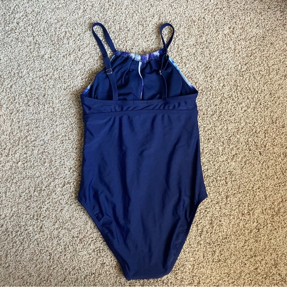 Blue Tie Dye High Neck Wrap One Piece Swimsuit - Picture 6 of 8